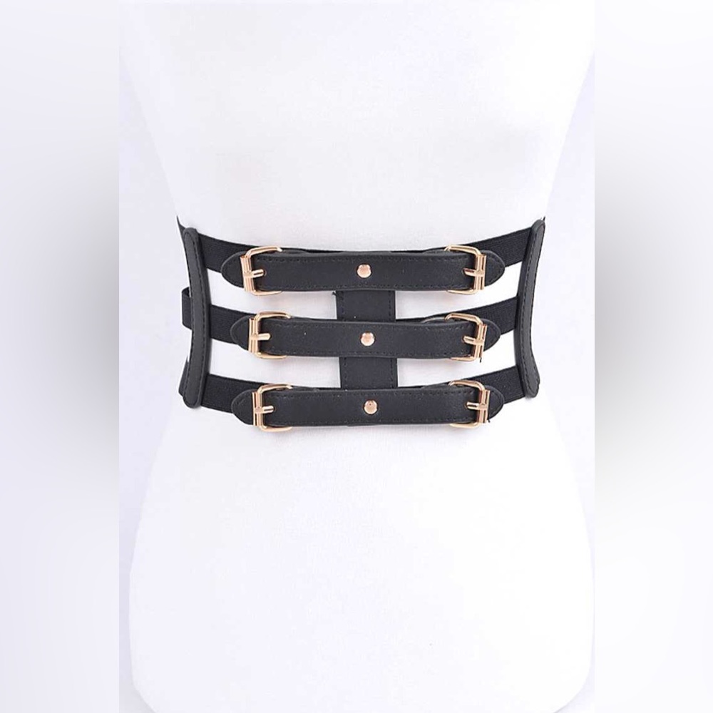 Black Vegan Leather Cage Corset Statement Belt